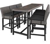 Tectake - Mesa de bar de ratán Lovas con 6 sillas Latina  Elegante conjunto de muebles de bar  Dos tableros extraíbles de porcelanato gres marmolado  Fino trenzado de ratán sintético de calidad con protección UVA