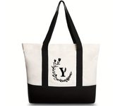 Black wheat ear gradient black letter printed canvas beach bag, fashionable and trendy handbag, canvas shopping bag