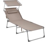 SONGMICS Tumbona, Tumbona Plegable, Tumbona Reclinable, 71 x 200 x 38 cm, Carga de 150 kg, con Reposacabezas Protección Solar y Respaldo Ajustable, para Terraza Piscina Jardín, Greige/Azul/Topo
