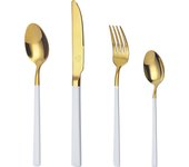 Mr.Spoon Juego 24 piezas cubiertos, Acero Inoxidable 18/0, Color Dorado, Mango Blanco,Incluye cuchillo,tenedor,cuchara,cucharilla, Cubertería,Servicio para 6 Personas, Apto para lavavajillas. Ideas de regalo， Incluye bolsa de regalo.70165