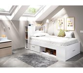 Vente-unique - Cama con cabecero con compartimentos y cajón - 90 x 190 - blanco + Somier - LEANDRE