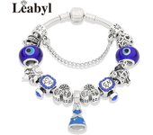 Classic Royal Blue Crystal Star Moon Beads Bracelet Dark Blue Enamel Murano Pendant Charm Bracelet & Bangle Mix Style Jewelry