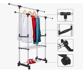 Perchero Burro Ajustable y Móvil de Acero Inoxidable丨Extensible con Doble Rieles para Colgar Ropa丨Multifuncional y Resistente con Ruedas Giratorias丨Ideal para Organización y Secado de Prendas en Hogar o Oficina丨Fácil Movimiento y Ajuste de Espacio