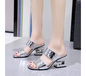 summer new Patent Leather Women Sandals Fashion  Thick High Heels Slippers Woman Outdoor Casual Solid Color Beach Flip Flop