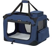 FEANDREA Transportín para Gatos y Perros, Plegable, Tamaño M, Tela Oxford, Malla Transpirable, Portátil, Marco Metálico, con Asas y Bolsillos, 60 x 42 x 42 cm, Gris/Negro/Azul Oscuro