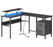 Escritorio Esquinero en Forma de L para Juegos - Con Luces LED, Tomas de Corriente, Soporte de Monitor y 2 Cajones, Fácil de Montar, Ideal para Oficina en Casa