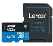 LEXAR 64GB HIGH-PERFORMANCE 633X MICROSDXC UHS-I, UP TO 100MB/S READ 45MB/S WRITE C10 A1 V30 U3