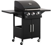 Outsunny Barbacoa de Gas con 3 Quemadores 8,7 KW Termómetro Parrilla de Gas con 2 Mesas Laterales Armario de 2 Puertas 4 Ruedas y Frenos Acero al Carbono para BBQ 121x55x109 cm Negro