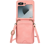 Leather Wallet Card Holder Case for Samsung Galaxy Z Flip 6 5 4 3 ZFlip Flip6 Flip5 Flip4 Flip3 with Crossbody Lanyard Bag Cover