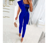 Fashion Sequins Decoration One Shoulder Backless Jumpsuit Women Female Slim Fit Stretch Lace-up High Waist  Back Zipper Rompers