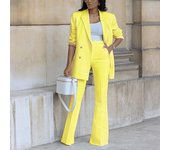 BAMBOOBOY Elegant Women Double Breasted Long Sleeve Blazers with Pocket and Flare Pants Suit Matching Two 2 Piece Set Outfits