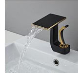 Grifo de baño en cascada, grifo de baño en cascada moderno, grifo de lavabo en cascada, mezclador de baño frío y caliente ajustable en cascada (negro + dorado)