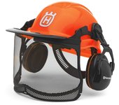 Husqvarna Casco Funcional Naranja con Visor Protector Acústico y Protector de Nuca