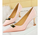 Women 7cm High Heels Metal Heels Wedding Replica Pumps Lady Luxury Designer Crystal Buckle Low Heels Velvet Green Prom Shoes