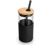Vase de Vidrio de 16 oz with Popote y tapa de Bambú, reulizable para café Helado, batidos y Funda Protectora de silicona (Negro)