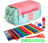 ColePack Kuru24 - Estuche Triple de 3 Cremalleras con Material Escolar Incluido. Rosa