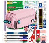 ColePack BitsBobs - Estuche Triple de 3 Cremalleras con Material Escolar Incluido. Rosa Soft