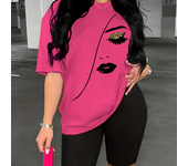 Women's casual short sleeved sportswear loose training tops with letters printed on them lightweight elastic shorts simple cl