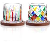 Hand Painted Crystal Whisky Glasses Set of 2-270ml Rotatable Rocking Glasses with Wooden Coaster - Tilted Bar Whiskey Tumbler for Rum, Bourbon
