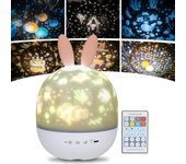 Lámpara Proyector Estrellas, Proyector Bebe, 360 ° Rotación Música Lampara con Control Remoto, Romántica Luz de La Noche para Cumpleaños, Navidad, Halloween (C-Conejo)