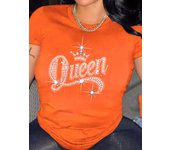 Rhinestone Queen Print T-Shirt Casual Short Sleeve Women's