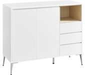 VASAGLE Armario de Almacenaje, Aparador, con Puertas y Estante Ajustable en Altura, 3 Cajones, Compartimento Abierto, Moderno, 40 x 103,5 x 85 cm, para Salón Cocina Estudio, Blanco Nube/Gris Cemento