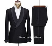 New 2024 Men Suit Black Satin Lapel Tuxedo 2 Pieces Double Breasted Wedding Shawl Lapel Party Costume Groom Male Wear