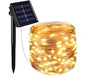 Guirnalda de luces Solares para Exterior, 12 m, 100 LED, cable de Cobre, Luz Blanca Cálida para decoración.