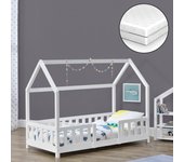 Cama para niños Sisimiut forma de casa pino con colchón 70x140 cm blanco mate [en.casa][neu.haus]