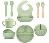 Vajilla de Bebé Silicona, 10 piezas de Vajilla Infantil, Cuadertos con Plato Sucker, Plato Bebe Ventosa,Tenedor con Mango De Madera, ，Bebe de silicona, Babero Set vajilla silicona Bebe