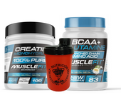 MUSCLEFIT Pack Ahorro Glutamina + Bcaa´s 500g - Varios Sabores + Creatina Monohidrato 300g - Sin Sabor + Shaker - Regalo