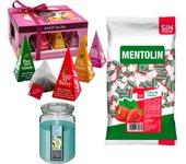 Pack surtido: MENTOLIN FRESA MENTA S/A BOLSA 1KG + WELL HOME - Vela perfumada con flor tiare + WELL HOME - Caja de Té Joyfull con variedad de sabores