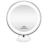 Espejo de maquillaje con ventosa, Luz LED y aumento de X10-Blanco