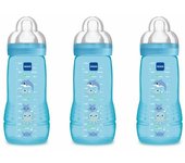MAM Set de 3 Biberones Easy Active Baby Bottle 330 ml, 4+ Meses, con Tetina nº 3 Silicona de Flujo Rápido, Tapa Antigoteo, Azul