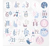 Pegatinas Calendario de Adviento Azules y Rosas | Blíster de 24 Unidades de 3,5 cm | Números del 1 al 24 con Motivos Navideños. Decoración Resistente y de Calidad