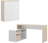 Dekit Pack Muebles de Oficina ROX con Mesa Escritorio Reversible y Armario Bajo Natural / Blanco Brillo