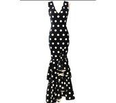 Black Spandex Flamenco Dress with White Polka Dots XS
