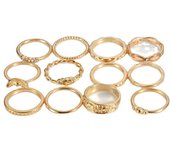 Juego de 12 anillos vintage bohemios dorados con diseño de nudillos, joyería de moda para mujer.