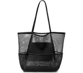 Mesh beach bag, women's shoulder tote bag, large capacity foldable mesh swim bag with pocket.-zmt