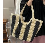 Striped Straw Beach Bag Large Underarm Bag with Tassel Holiday Travel Handbag for Women Work Travel Vacation