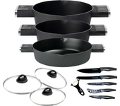 Set de Cacerolas Guzzini Cooking: Cacerola alta 24cm, Cacerola alta 20cm y Cacerola baja 24cm con tapa de vidrio - Revestimiento Quantanium con Titanio, Apto para Inducción. Incluye set de cuchillos de 6 piezas