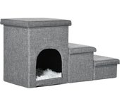 PawHut Escalera para Perros Escalera Rampa para Mascotas de 3 Peldaños con Tapas 3 Cajas de Almacenamiento Cueva y Cojín Lavable para Cama Sofá 73,5x33x40,5 cm Gris