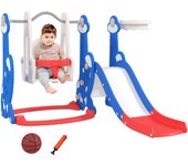 AIYAPLAY Tobogán Infantil 4 en 1 Parque Infantil con Columpio y Tobogán Escalador Aro de Baloncesto Temática de Cohete para Interior