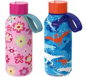Pack 2 Quokka Kids Solid Con Colgador - Dinosaur and Pink 330 ML  2 Botellas De Agua Acero Inoxidable Sin BPA Botella Térmica De Doble Pared - Mantiene el frío y el Calor para Niños y Adultos