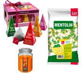 Pack bienestar: MENTOLIN LIMON MELISA S/A BOLSA 1KG + Vela de Frutas Exóticas 510g  + WELL HOME - Caja de Té Joyfull con variedad de sabores