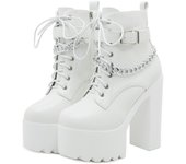 Gdgydh Women's Chain Decor Block Heeled Boots Fashion Lace Up Side Zipper Platform Boots Stylish Ankle Boots High Heels