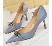 Women 7cm High Heels Pumps Lady Scarpins Nightclub Blue Nude Red Low Heels Wedding Party Metal Chain Buckle Mom Office Shoes