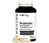 Probiótico 20 cepas 40 mil millones de UFC con Inulina y Zinc. 120 cápsulas veganas gastroresistentes para 2 meses de tratamiento. Hivital
