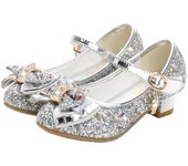 Princess Kids Leather Shoes for Girls Flower Casual Glitter Children High Heel Girls Shoes Butterfly Knot Gold Silver