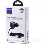 Joyroom car charger 3-in-1, c+u with type-c coiled cable 1.5m, 55w, black (jr-cl07)